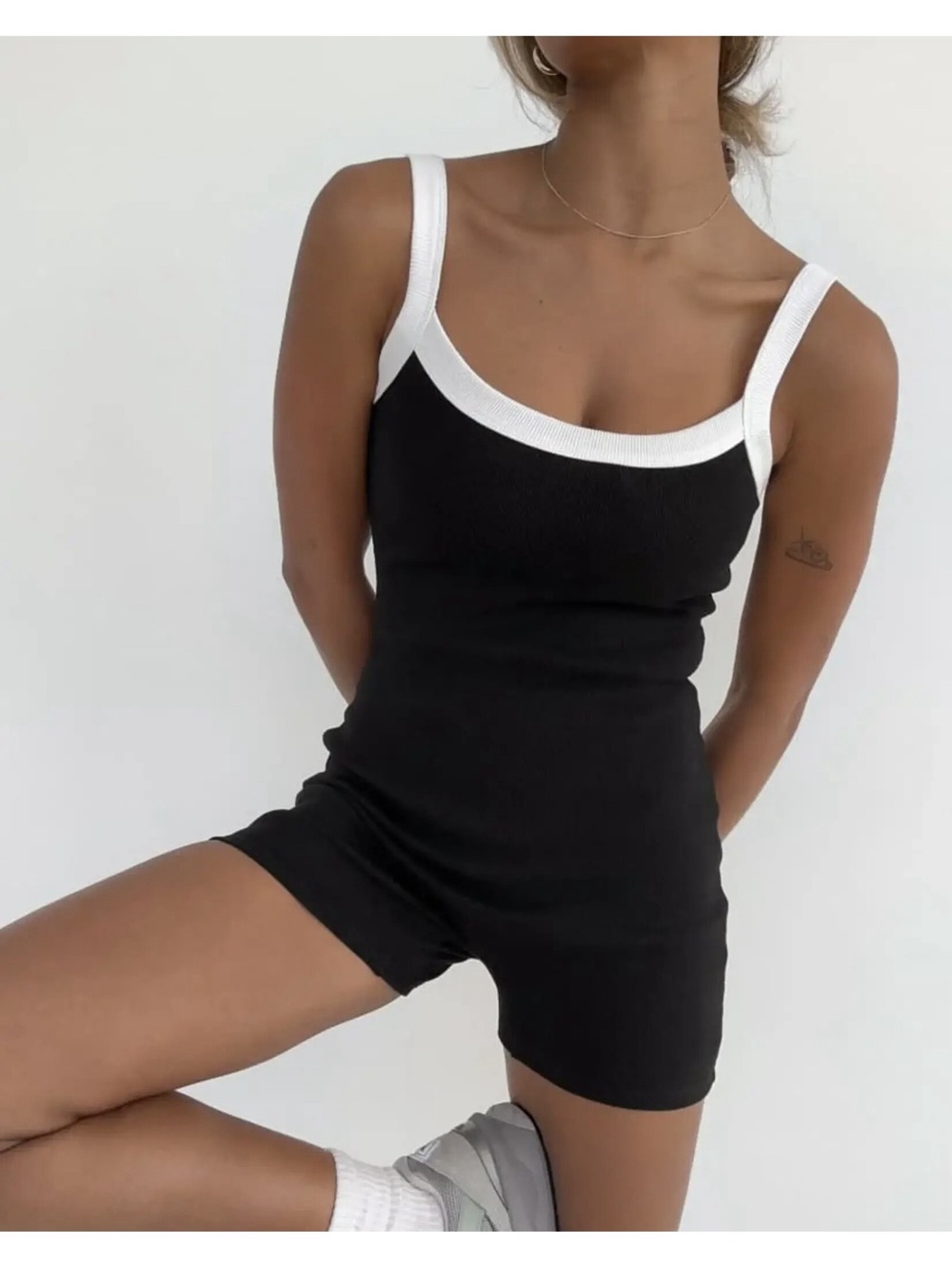 Rumored - Sunday Onesie Black and White Contrast Ribbed Tank Romper S nwt Y2K